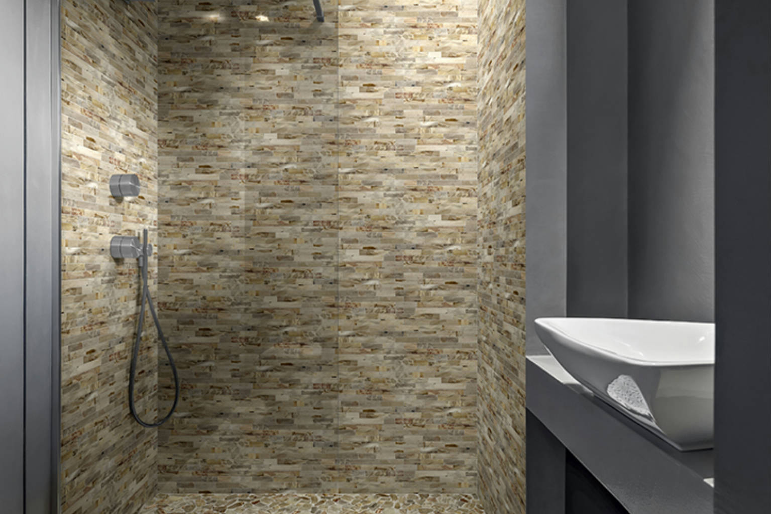 Fossil Wood Mini Opus Mix Beige Interlocking Mosaic | Qualis Ceramica | Luxury Tile and Vinyl at affordable prices